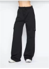 Kargo Cepli Palazzo Oversize Kesim İki Iplik Bol Paça Eşofman Altı Pantalon - Siyah