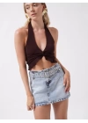 Kemer Detay Denim Mini Etek