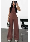 Keten Asimetrik Tek Omuzlu Bluz Pantalon Takım- Bordo