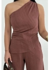 Keten Asimetrik Tek Omuzlu Bluz Pantalon Takım- Bordo