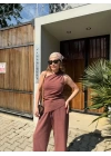 Keten Asimetrik Tek Omuzlu Bluz Pantalon Takım- Bordo