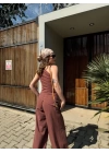 Keten Asimetrik Tek Omuzlu Bluz Pantalon Takım- Bordo
