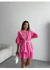 KETEN BEL BÜZGÜLÜ BLUZ-PANTOLON TAKIM - Fuşya