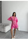KETEN BEL BÜZGÜLÜ BLUZ-PANTOLON TAKIM - Fuşya