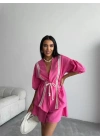KETEN BEL BÜZGÜLÜ BLUZ-PANTOLON TAKIM - Fuşya