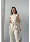 KETEN BLUZ - PANTOLON TAKIM MASSİMO MODELSCREAT KUMAŞ - Bej