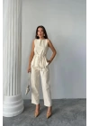 KETEN BLUZ - PANTOLON TAKIM MASSİMO MODELSCREAT KUMAŞ - Bej
