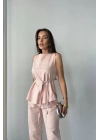 KETEN BLUZ - PANTOLON TAKIM MASSİMO MODELSCREAT KUMAŞ - Pudra