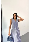 KETEN ÇİZGİLİ YELEK - UZUN ETEK TAKIM - Mavi