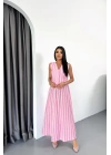 KETEN ÇİZGİLİ YELEK - UZUN ETEK TAKIM - Pembe