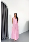 KETEN ÇİZGİLİ YELEK - UZUN ETEK TAKIM - Pembe