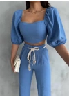 KETEN CROP KARPUZ KOL BLUZ-PANTOLON HASIR KEMERLİ - Mavi