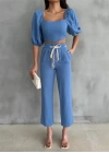 KETEN CROP KARPUZ KOL BLUZ-PANTOLON HASIR KEMERLİ - Mavi