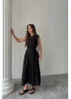 KETEN ELBİSE KOLSUZ BEL BAĞLAMALI MAXİ ELBİSE - Siyah