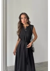 KETEN ELBİSE KOLSUZ BEL BAĞLAMALI MAXİ ELBİSE - Siyah