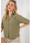 Keten Görünümlü Crop Gömlek 20339 - Çağla