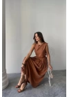 KETEN KOLSUZ BLUZ - MAXİ ETEK TAKIM - Kahverengi