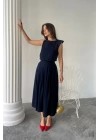 KETEN KOLSUZ BLUZ - MAXİ ETEK TAKIM - Lacivert