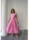 KETEN KOLSUZ BLUZ - MAXİ ETEK TAKIM - Pembe
