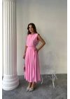 KETEN KOLSUZ BLUZ - MAXİ ETEK TAKIM - Pembe