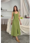 KETEN KOLSUZ KARE YAKA DÜĞME DETAYLI ELBİSE - Yağ Yeşili