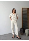 Keten Tam Fermuarlı Kısa Kollu Gömlek Pantolon Ikili Takım - Beyaz