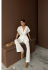 KETEN V YAKA BELDEN BAĞLAMALI BLUZ-PANTOLON TAKIM - Beyaz