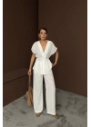 KETEN V YAKA BELDEN BAĞLAMALI BLUZ-PANTOLON TAKIM - Beyaz