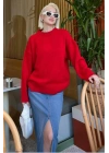Kadın Kırmızı Bisiklet Yaka Uzun Kollu Oversize Yumuşak Dokulu Triko Kazak