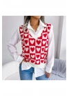 Kadın Kırmızı Krem Kalp Desenli V Yaka Dama Kareli Yumuşak Dokulu Triko Süveter