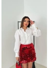 Kadın Kırmızı Astarlı Pullu Kısa Etek