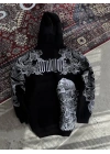 Kışlık Üç İplik Baskılı Kapşonlu SweatShirt - Siyah