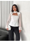 Kolları Şifon Göğüste İnci Boncuk Detaylı Bluz - Beyaz