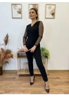 Krep Kumaş Kol Tül Puan Detaylı Kuşaklı Tulum 141 Cm