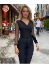 Krep Kumaş Kol Tül Puan Detaylı Kuşaklı Tulum 141 Cm