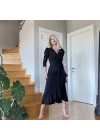 Krep Kumaş Midi Boy Kuşaklı Uzunkol Elbise 113 Cm