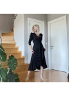 Krep Kumaş Midi Boy Kuşaklı Uzunkol Elbise 113 Cm