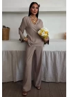 Kruvaze Model Klasik Pantolonlu Çupra Keten Takım 10191