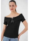 Kurdele Detaylı Örme Bluz 949 - Siyah