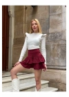 bysoca Kadın Bordo Yüksek Bel Yandan Bağcıklı Kat Kat Fırfırlı Mini Kısa Günlük Etek