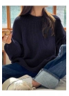 Kadın Lacivert Bisiklet Yaka Uzun Kollu Düşük Omuz Oversize Selanik Örgü Triko Kazak