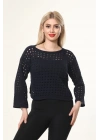 Kadın Lacivert Kayık Yaka Ajurlu Delikli Örgü Uzun İspanyol Kol Crop Triko Bluz