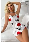 Love Desenli Beyaz Saten Gecelik