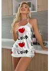Love Desenli Beyaz Saten Gecelik