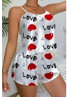 Love Desenli Beyaz Saten Şortlu Gecelik Takım