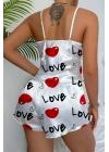 Love Desenli Beyaz Saten Şortlu Gecelik Takım