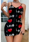 Love Desenli Siyah Saten Gecelik