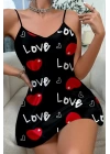 Love Desenli Siyah Saten Gecelik