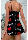 Love Desenli Siyah Saten Gecelik