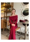 bysoca Kadın Bordo Madonna Yaka Düşük Omuz Gofre Kumaş Dokulu Crop Bluz